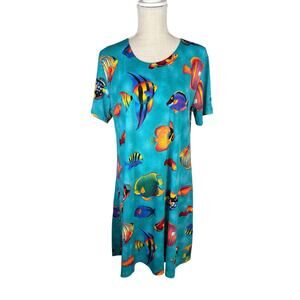 Vintage Jostar Knee Length Tropical Fish Print Dress Women's Large Colorful